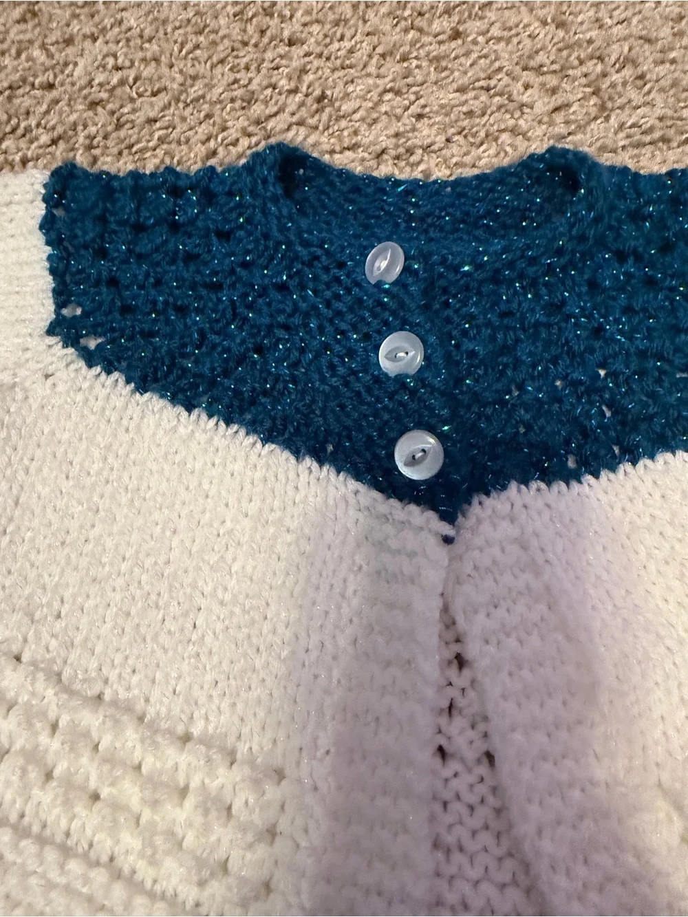 Hand-Knit Baby Cardigan & Booties - White and sparkling blue/teal
